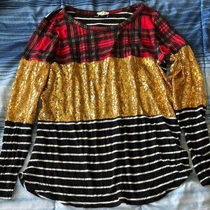 BiBi Red Plaid and Gold Sequin Blouse